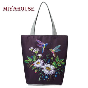Floral Print Tote Bag Retro Birds Beach Bag