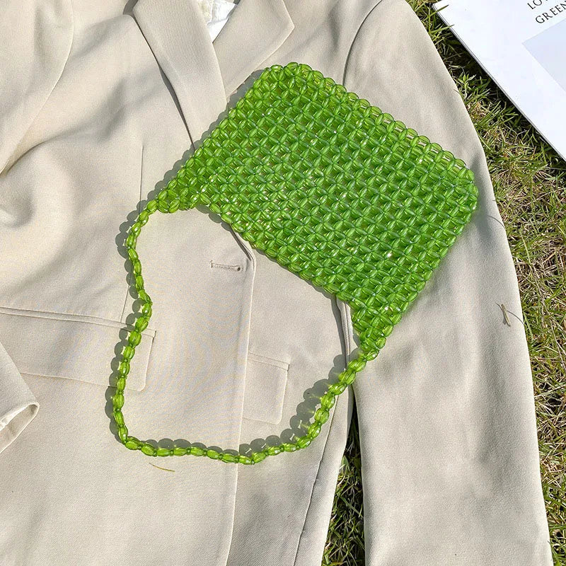Vintage Green Beaded Single-Shoulder Bag Clear Style Tote Handbag