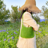 Vintage Green Beaded Single-Shoulder Bag Clear Style Tote Handbag