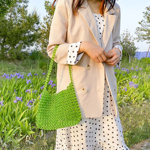 Vintage Green Beaded Single-Shoulder Bag Clear Style Tote Handbag