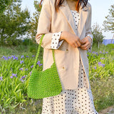 Vintage Green Beaded Single-Shoulder Bag Clear Style Tote Handbag