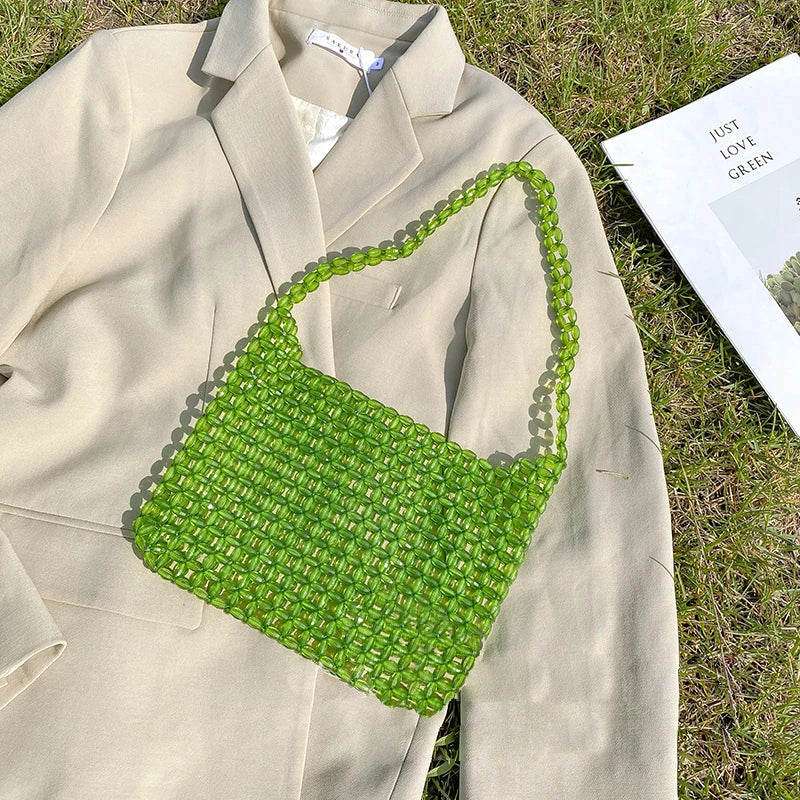 Vintage Green Beaded Single-Shoulder Bag Clear Style Tote Handbag
