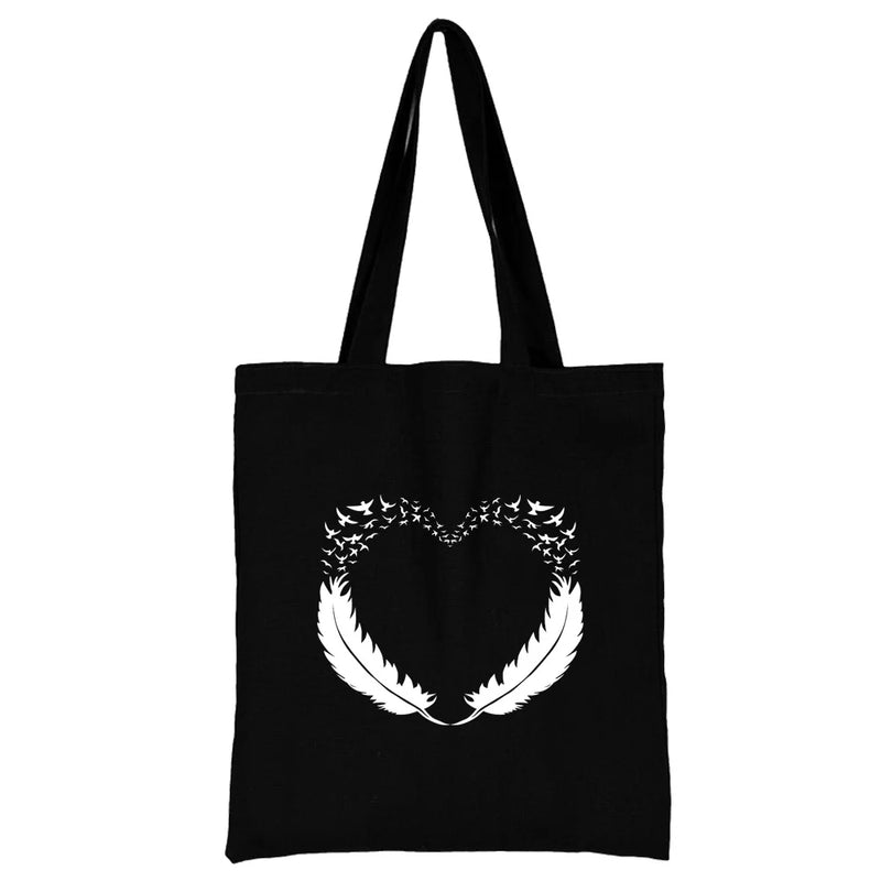 Feather Print Canvas Shoulder Bag Large Capacity Reusable Shopping Bag