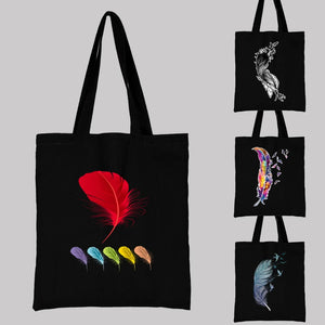 Feather Print Canvas Shoulder Bag Large Capacity Reusable Shopping Bag