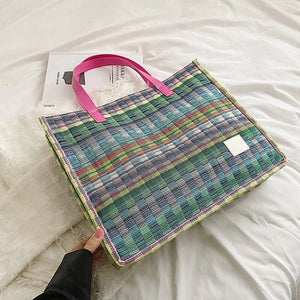 Boho Shopper Beach Bag Canvas Shoulder Bag Women Striped Plaid Tote
