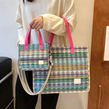 Boho Shopper Beach Bag Canvas Shoulder Bag Women Striped Plaid Tote