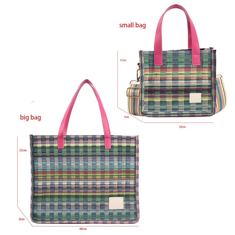 Boho Shopper Beach Bag Canvas Shoulder Bag Women Striped Plaid Tote