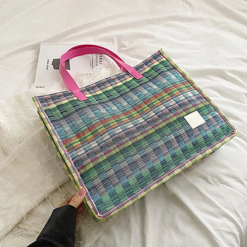 Boho Shopper Beach Bag Canvas Shoulder Bag Women Striped Plaid Tote