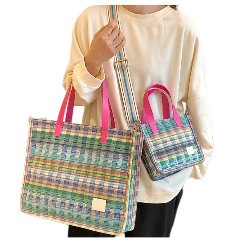 Boho Shopper Beach Bag Canvas Shoulder Bag Women Striped Plaid Tote