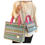 Boho Shopper Beach Bag Canvas Shoulder Bag Women Striped Plaid Tote
