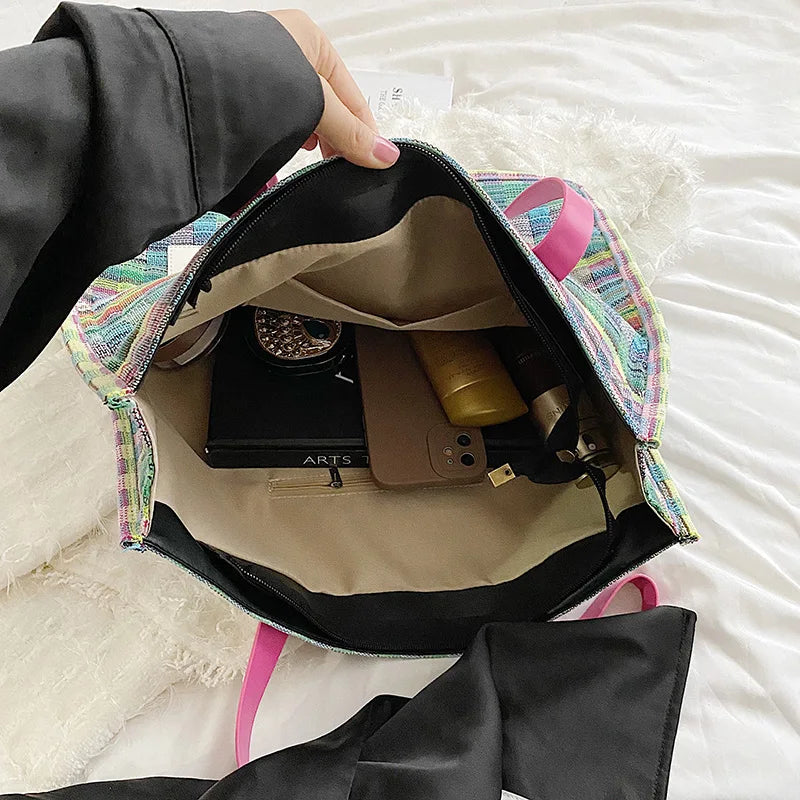 Boho Shopper Beach Bag Canvas Shoulder Bag Women Striped Plaid Tote