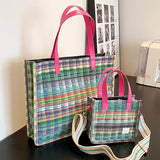 Boho Shopper Beach Bag Canvas Shoulder Bag Women Striped Plaid Tote
