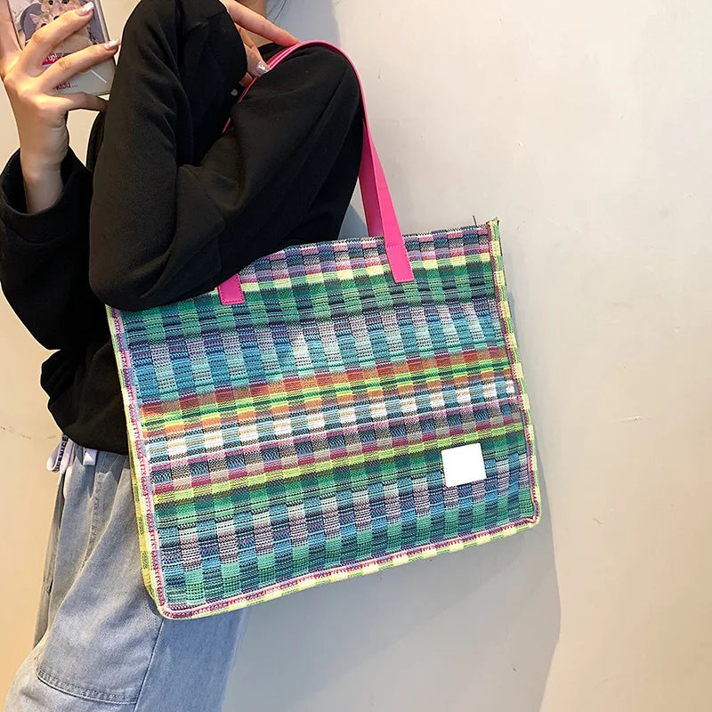 Boho Shopper Beach Bag Canvas Shoulder Bag Women Striped Plaid Tote