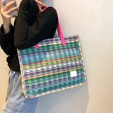 Boho Shopper Beach Bag Canvas Shoulder Bag Women Striped Plaid Tote