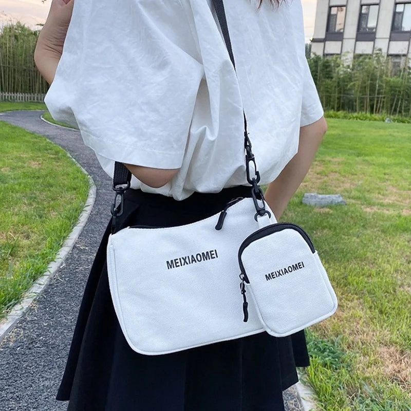 Women's Canvas Shoulder Bags with Mini Purse Pendant - 2pcs Set