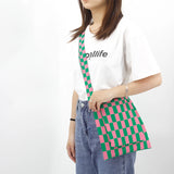 Retro Crochet Plaid Side Sling Shoulder Bag Y2K Soft Knitted Flap Crossbody
