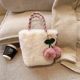 Women's Plush Faux Fur Cherry Pendant Handbag Chain Mini Top-handle Bag