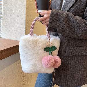 Women's Plush Faux Fur Cherry Pendant Handbag Chain Mini Top-handle Bag