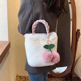 Women's Plush Faux Fur Cherry Pendant Handbag Chain Mini Top-handle Bag