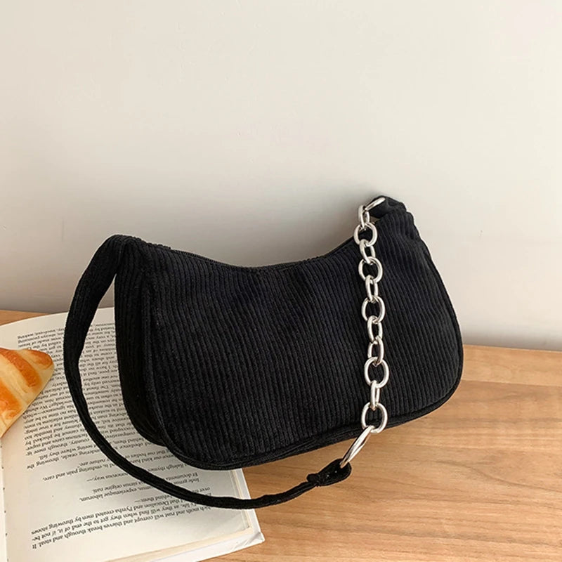 Corduroy Shoulder Bag Chain Handbag Tote Brown/Black/White