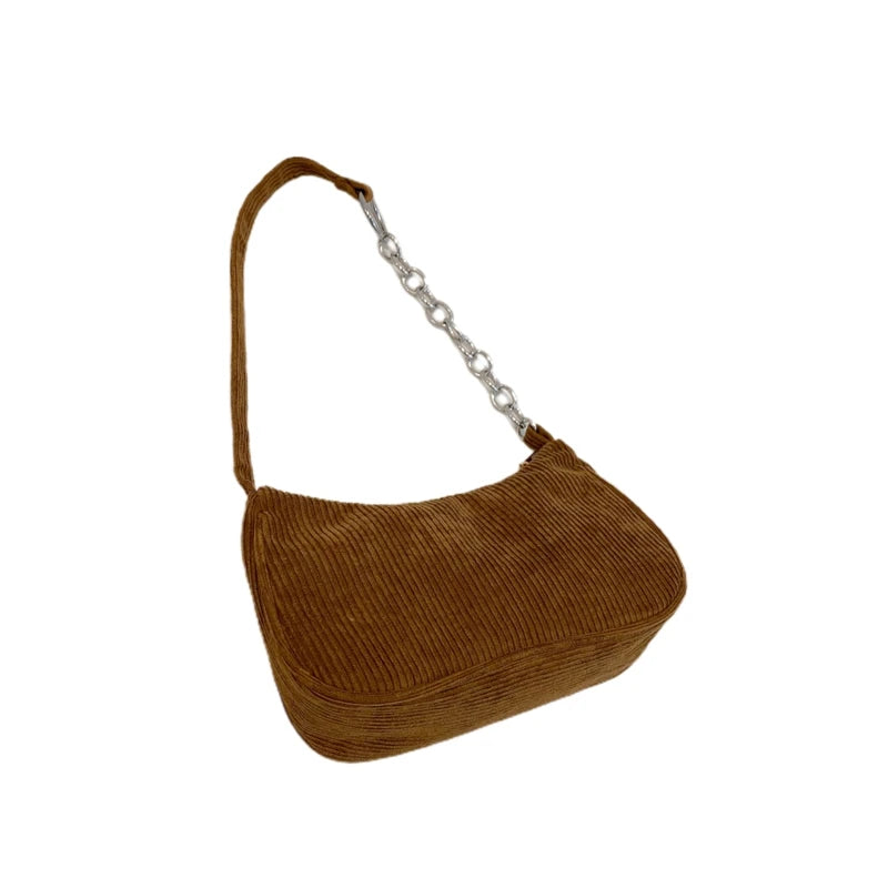 Corduroy Shoulder Bag Chain Handbag Tote Brown/Black/White