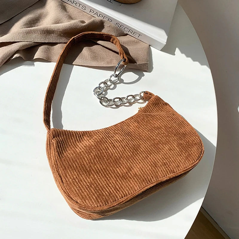 Corduroy Shoulder Bag Chain Handbag Tote Brown/Black/White