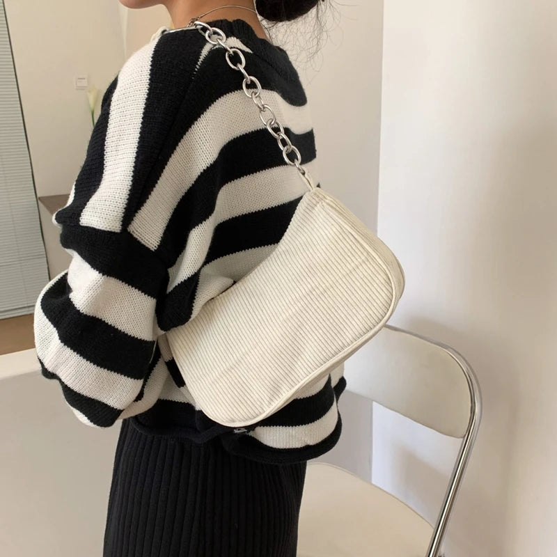Corduroy Shoulder Bag Chain Handbag Tote Brown/Black/White