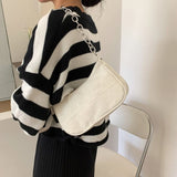 Corduroy Shoulder Bag Chain Handbag Tote Brown/Black/White