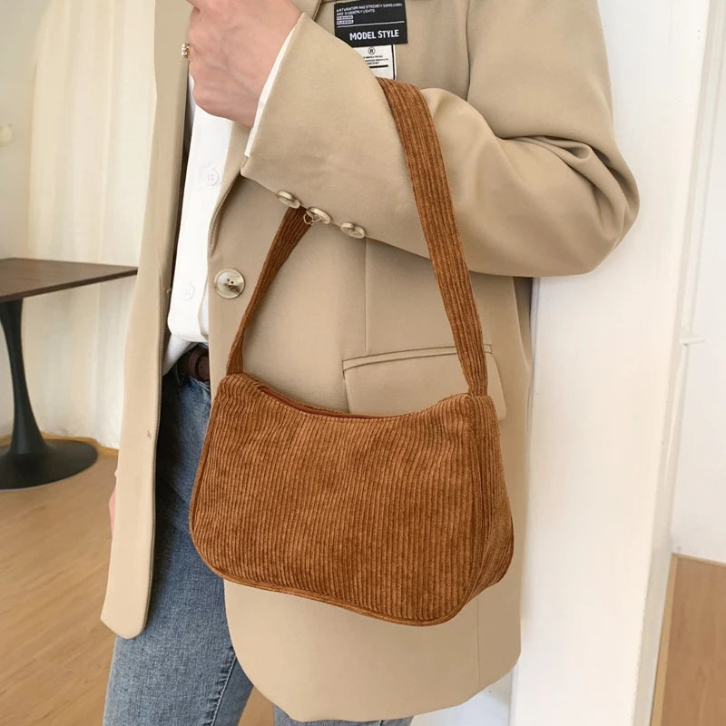 Corduroy Shoulder Bag Chain Handbag Tote Brown/Black/White