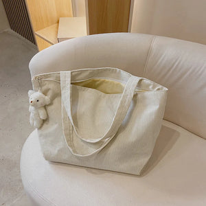 Women Corduroy Tote Bag Winter Shoulder Handbag Zipper Large Capacity