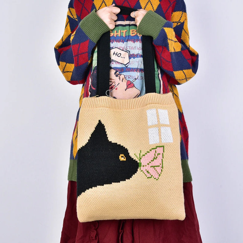 Women's Cat Pattern Woolen Tote Bag
