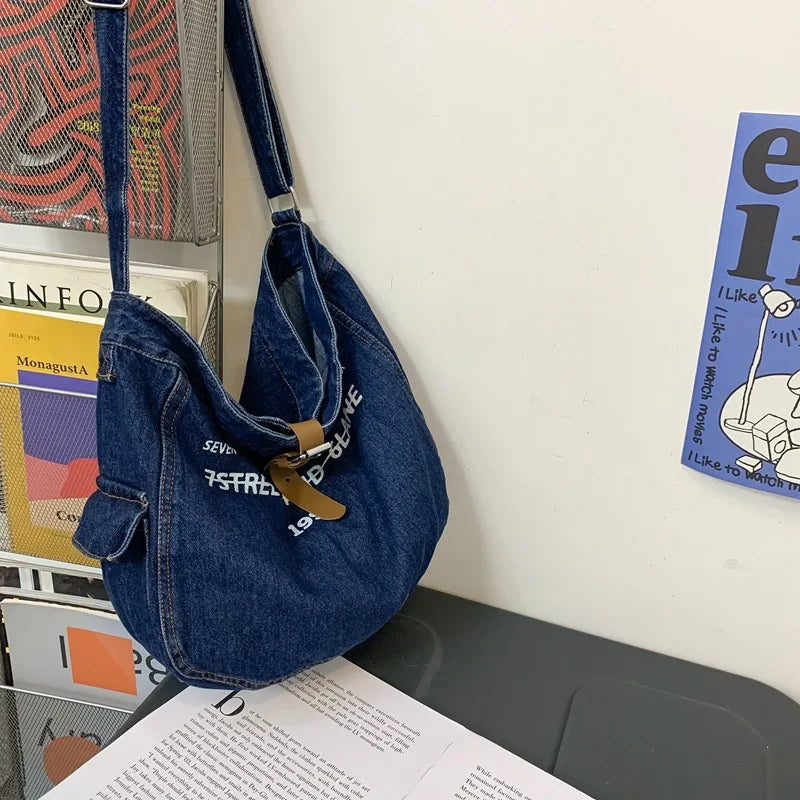 Women's Denim Fabric Hobo Shoulder Bag Slouchy Jeans Soft Medium Size
