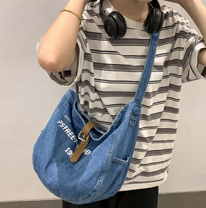Women's Denim Fabric Hobo Shoulder Bag Slouchy Jeans Soft Medium Size