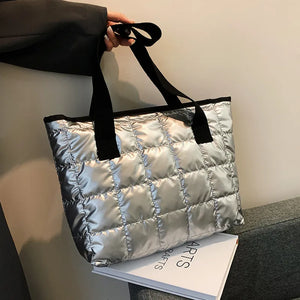 Large Silver Shoulder Bag for Women's Winter Tote with Zipper