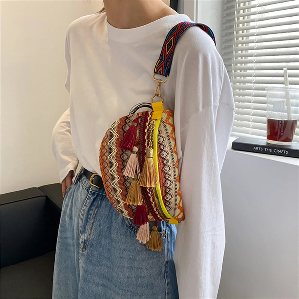 Ethnic Style Waist Bag with Adjustable Strap Fanny Pack with Fringe