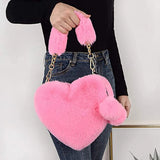 Female Fluffy 3D Love Heart Tote Bag Winter Fluffy Faux Fur Handbags