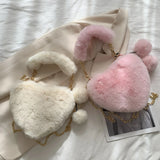 Female Fluffy 3D Love Heart Tote Bag Winter Fluffy Faux Fur Handbags