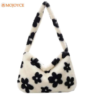 Floral Print Faux Fur Tote Bag Soft Plush Shoulder Bag