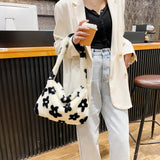 Floral Print Faux Fur Tote Bag Soft Plush Shoulder Bag