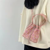 Embroidered Girls Drawstring Messenger Bag Plaid Bucket Shoulder Purse