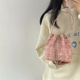 Embroidered Girls Drawstring Messenger Bag Plaid Bucket Shoulder Purse
