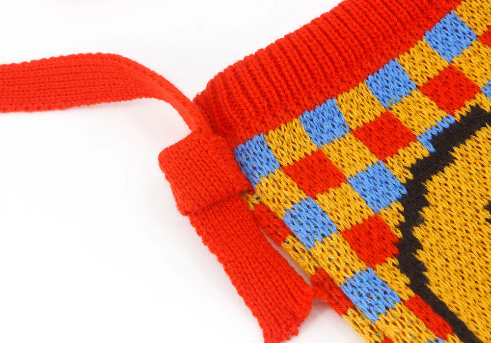 Vintage Knitted Chequer Plaid Smiley Face Pouch Bag