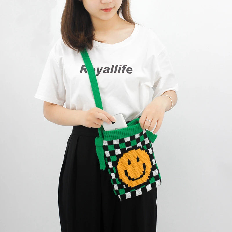 Vintage Knitted Chequer Plaid Smiley Face Pouch Bag