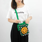 Vintage Knitted Chequer Plaid Smiley Face Pouch Bag