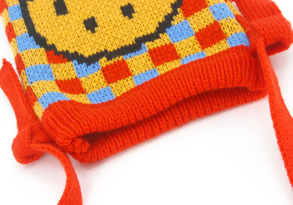 Vintage Knitted Chequer Plaid Smiley Face Pouch Bag