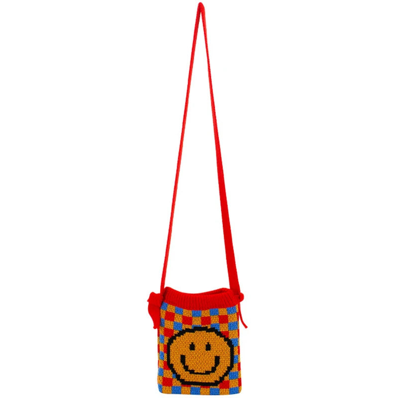 Vintage Knitted Chequer Plaid Smiley Face Pouch Bag
