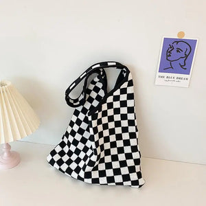Vintage Chessboard Plaid Woolen Handbag Lady Strips Big Capacity Shoulder Bag