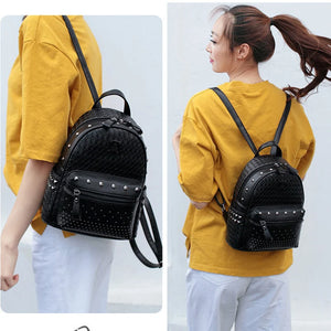 Female PU Leather Woven Travel Backpack Small Rivet Bag