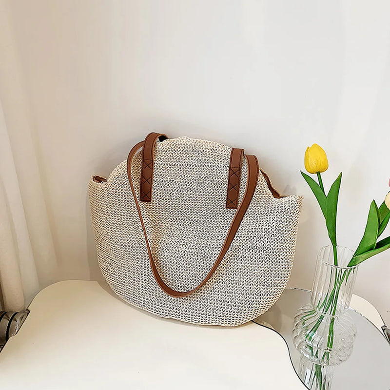 Women Straw Woven Shoulder Bag Large Capacity Casual Lady Tote