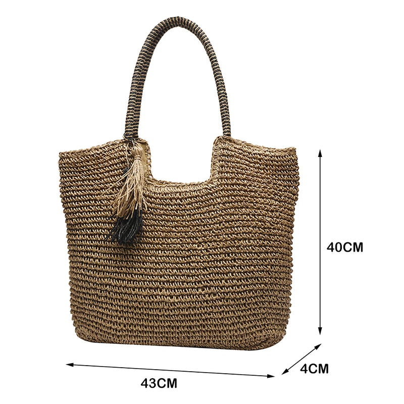 Women's Straw Tassel Shoulder Bag Large Capacity Beach Travel Handbag
